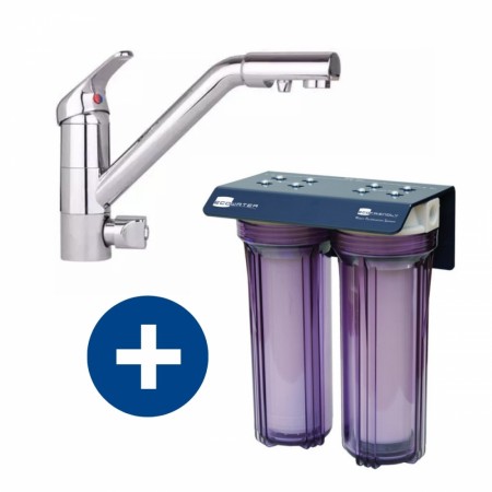 KOMPLETT vannrense pakke m/ Eco Friendly vannfilter system, Eco Cosmo 3 veis kjøkkenkran, slanger og koblinger (POU)
