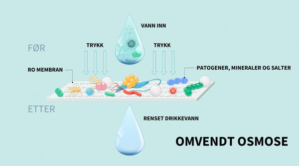 Viser hvordan omvendt osmose vannfilter fungerer med stoffer som stoppes av en membran og rent vann som går igjennom