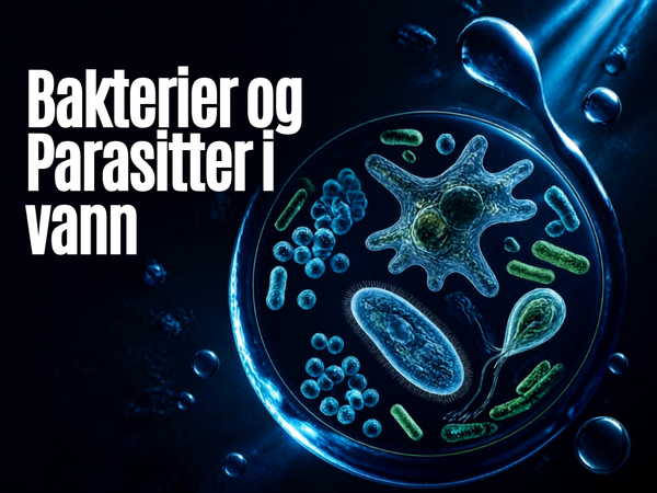 Illustrasjon av bakterier og parasitter i en vanndråpe, med tittelen Bakterier og parasitter i vann