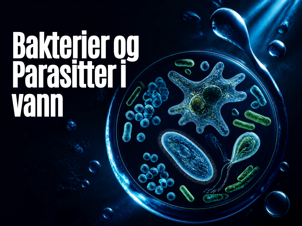 Illustrasjon av bakterier og parasitter i en vanndråpe, med tittelen Bakterier og parasitter i vann