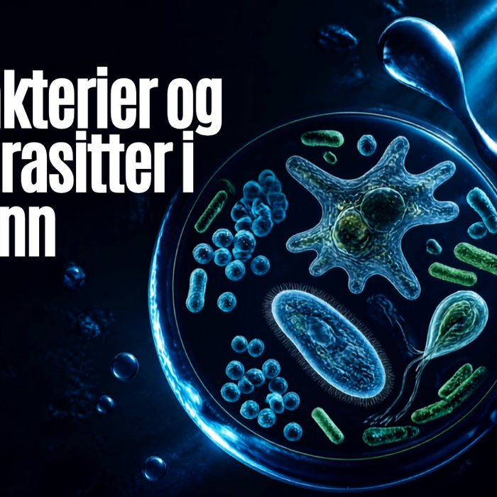 Illustrasjon av bakterier og parasitter i en vanndråpe, med tittelen Bakterier og parasitter i vann