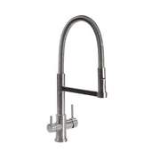 Altea treveis kran i børstet rustfritt stål med avtagbar tut og bevegelig slange. to spaker- en for drikkevann og en for forbruksvann