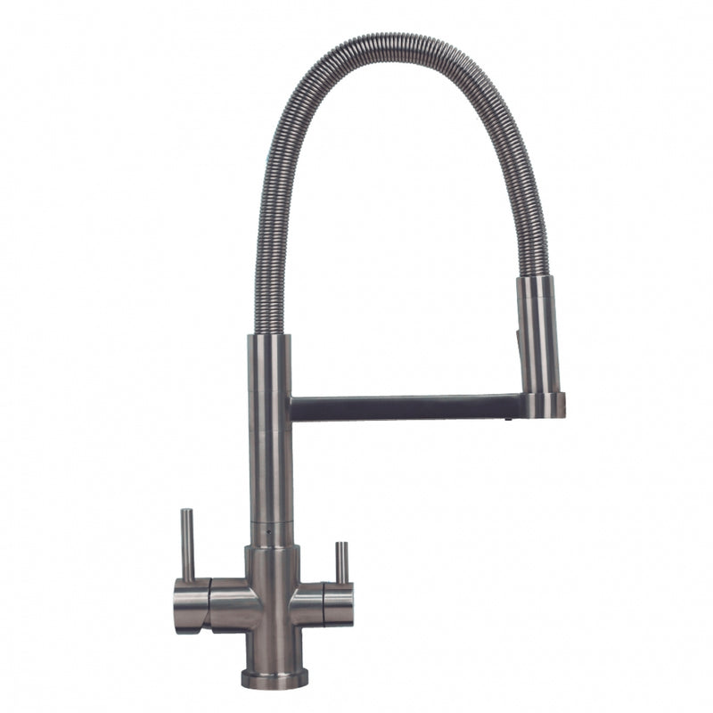 Altea treveis kran i børstet rustfritt stål med avtagbar tut og bevegelig slange. to spaker- en for drikkevann og en for forbruksvann