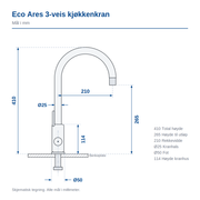 Måltegning av Eco Ares 3-veis kjøkkenkran: høyde 410 mm, høyde til utløp 265 mm, rekkevidde 210 mm