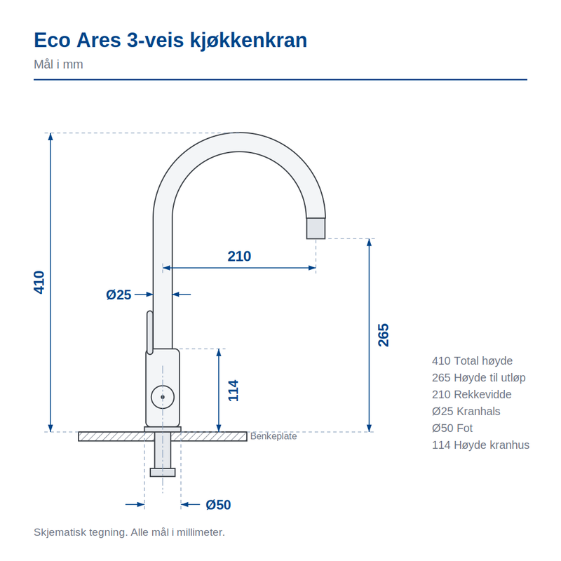 Måltegning av Eco Ares 3-veis kjøkkenkran: høyde 410 mm, høyde til utløp 265 mm, rekkevidde 210 mm