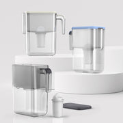 3 Ecosoft vannfilter kanner med ulik farge på lokk