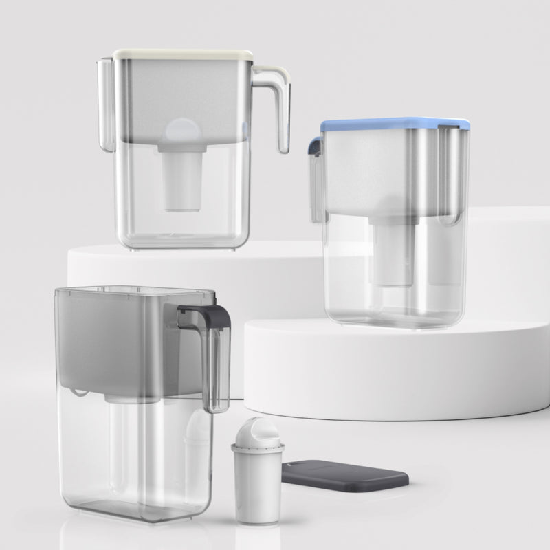 3 Ecosoft vannfilter kanner med ulik farge på lokk