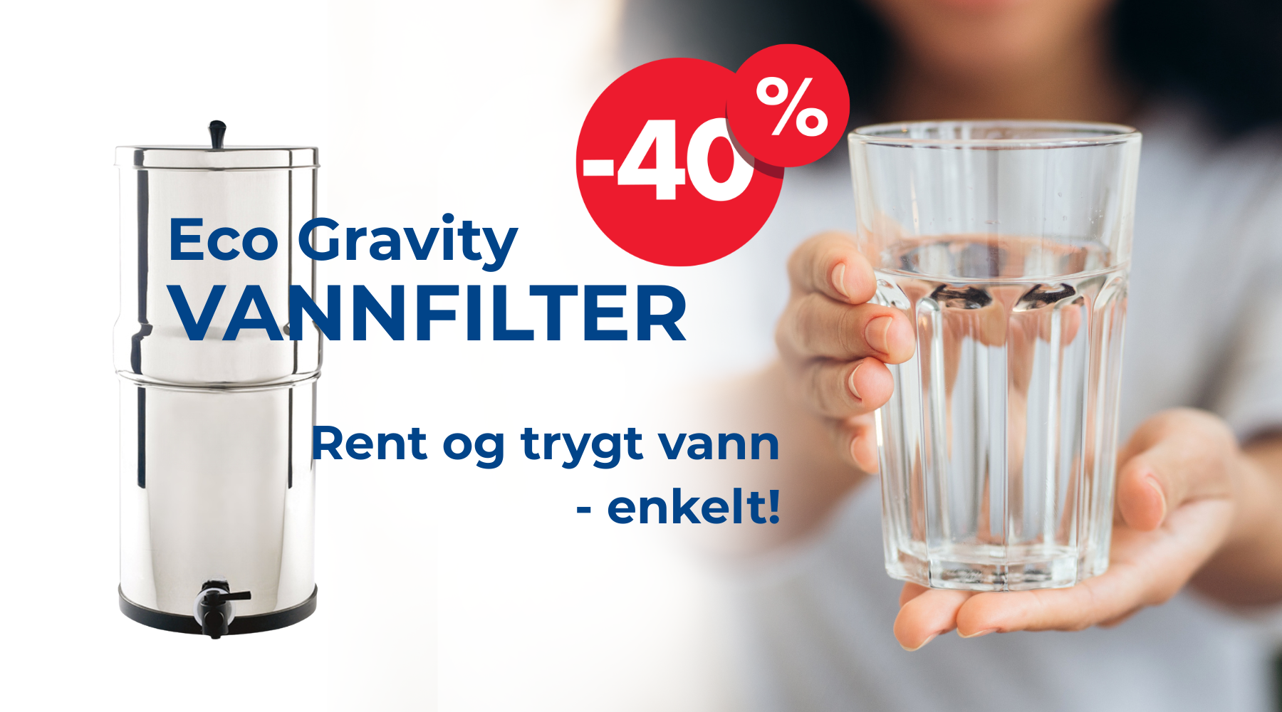 Gravity på hvit bakgrunn, dame holder glass, 40% rød badge