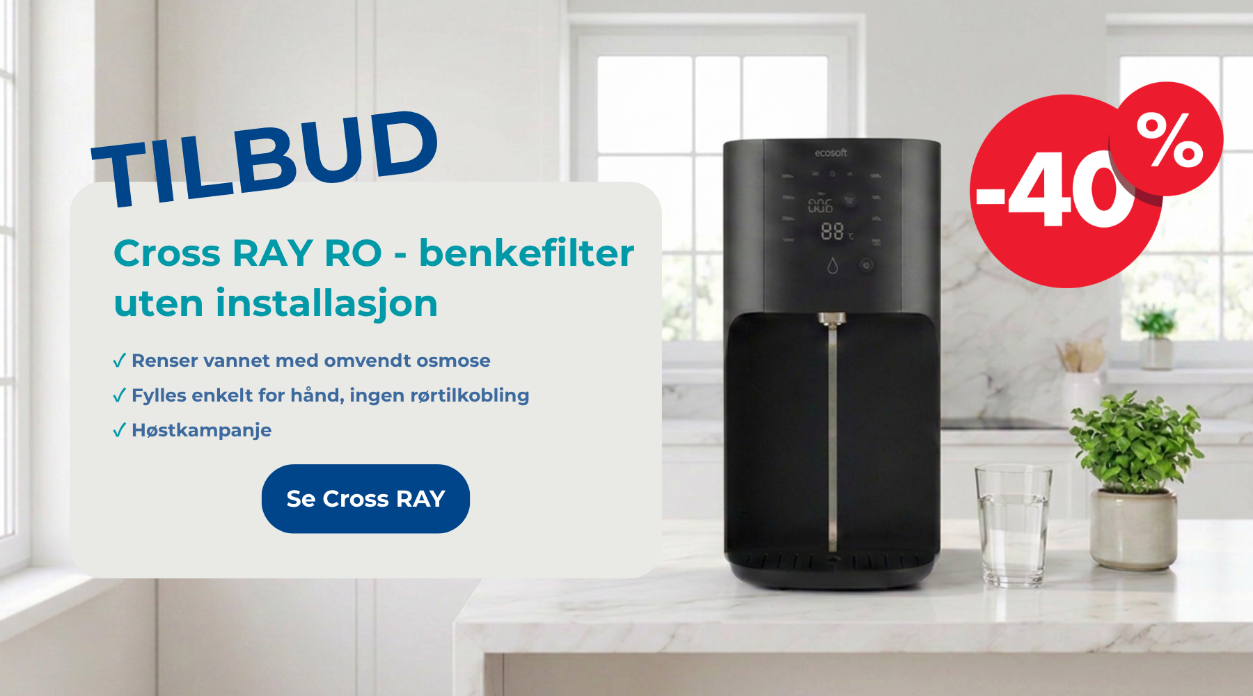 Cross Ray på hvitt kjøkken med 40% tilbud