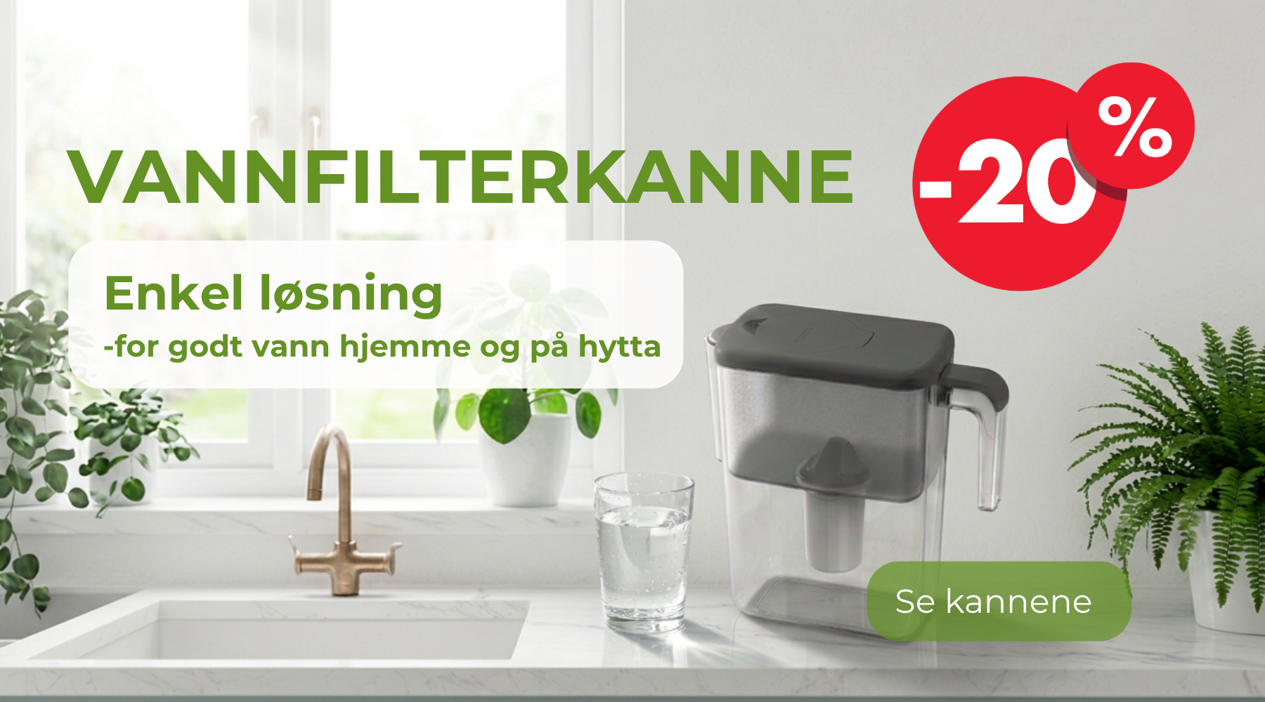 Vannfilterkanne på hvitt kjøkken 20 prosent