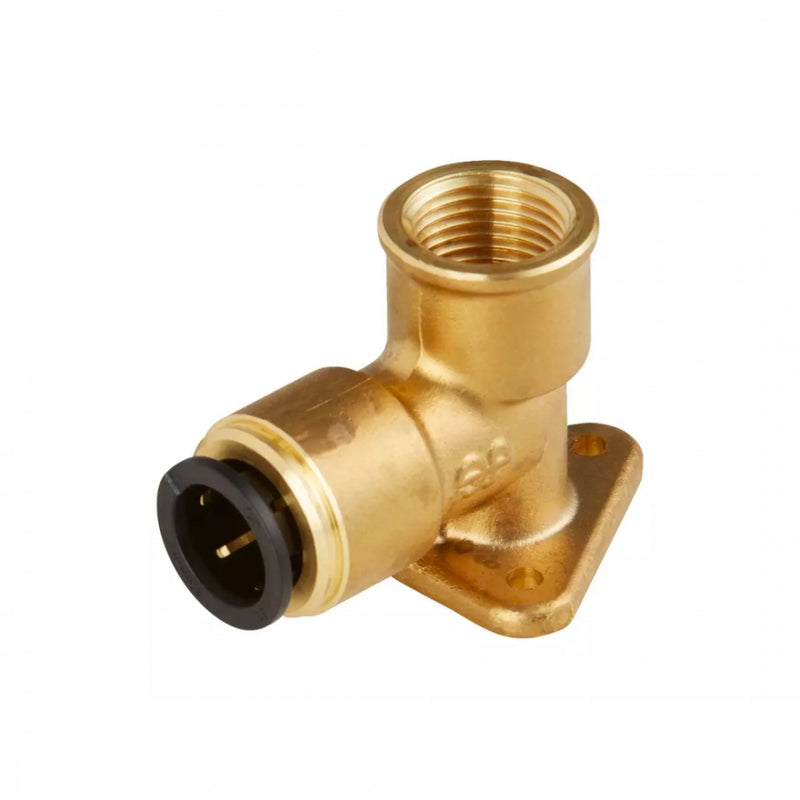 Overgang 15 mm- 1/2" veggmontert 90° bend i messing, John Guest hurtigkobling