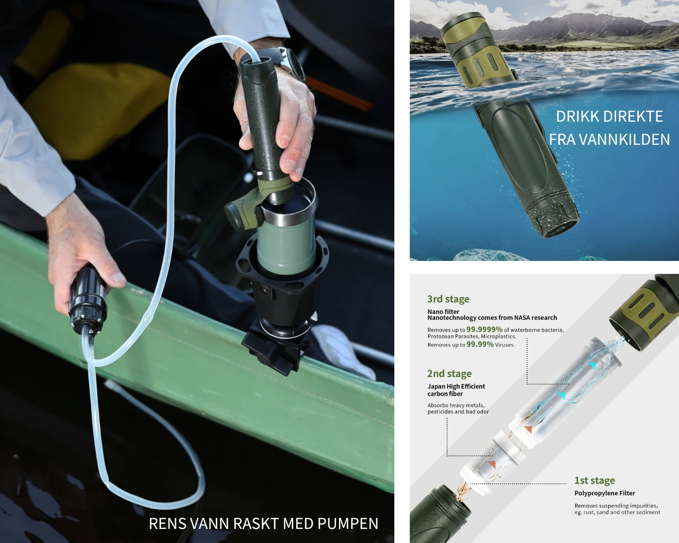Eco portable vannfilter i bruk i båt og direkte fra vannkilde